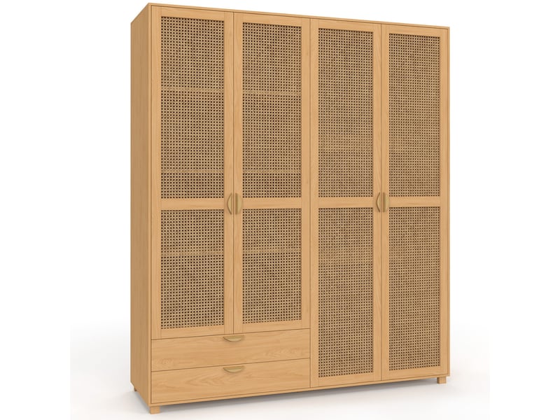 Armoire 4 portes edhen bois et cannage penderie 160 cm avec 2 tiroirs et étagères - Conforama A