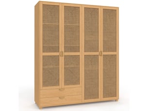 Armoire 4 portes edhen bois et cannage penderie 160 cm avec 2 tiroirs et étagères