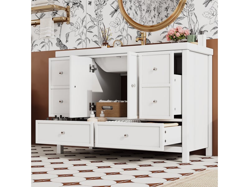 Meuble vasque autoportant 120cm, 4 tiroirs silencieux, 2 portes à fermeture douce, vasque résine, blanc - Conforama D