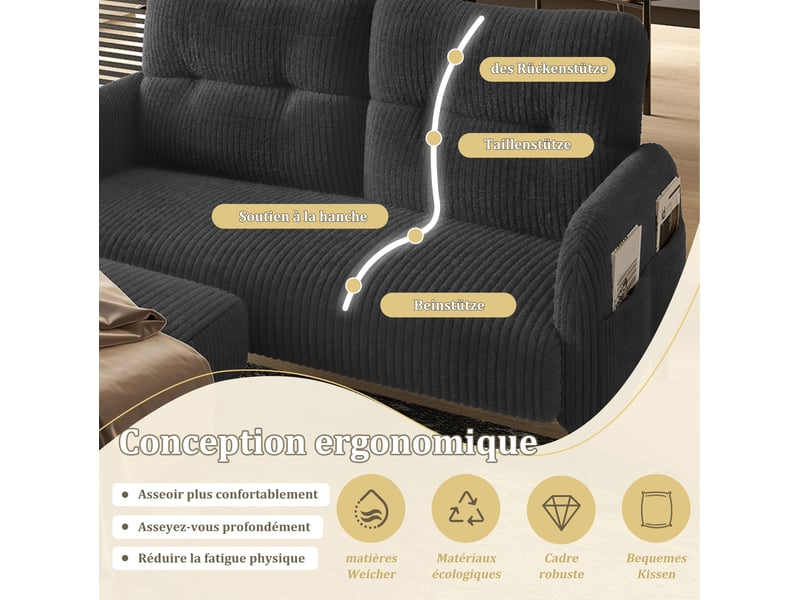  Ensemble canapé 2 places fauteuil et pouf modenvie en velours côtelé gris  - Conforama E