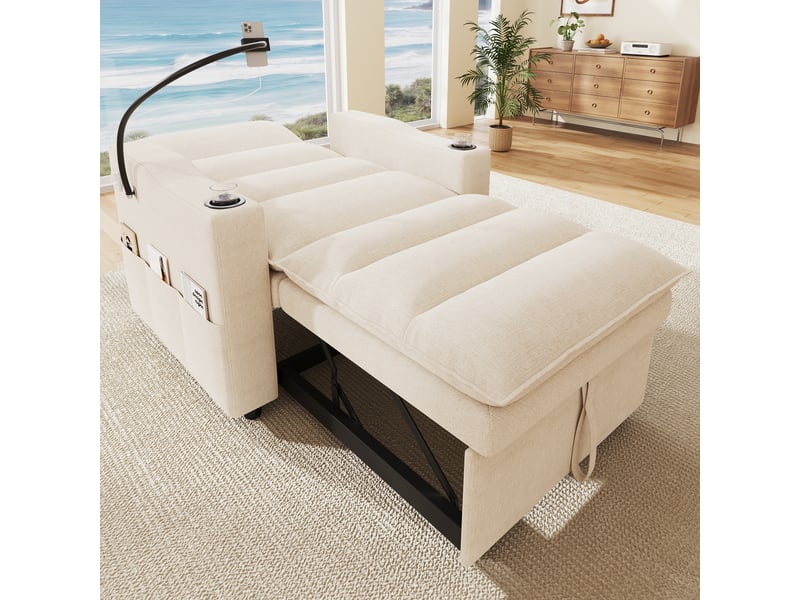  Fauteuil convertible 1 place 3-en-1 94x147 cm, couchage jusqu’à 173 cm, dossier 3 positions, usbusb-c, support téléphone 360°, chenille beige Morn Vibe - Conforama D
