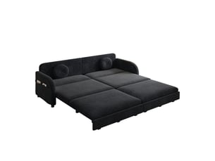 Canapé-lit couple queen-size extensible noir en chenille avec coussins et poches,