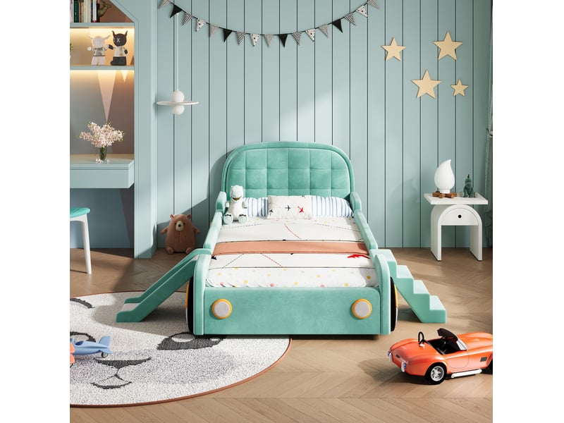  Lit enfant voiture modenvie 90 x 200 cm avec toboggan et escalier réversibles, velours, bleu vert  - Conforama D