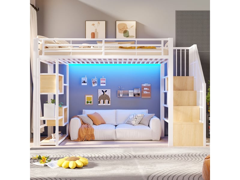 Lit mezzanine, coloris blanc, matière mdf et métal, couchage 90x200 cm, dimensions : 252 x 95 x 170 cm  - Conforama E