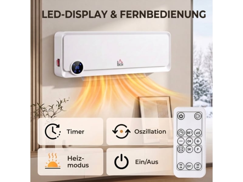 Chauffage soufflant mural 2000 w avec télécommande, 3 modes, écran led et minuterie 12 h - Conforama D