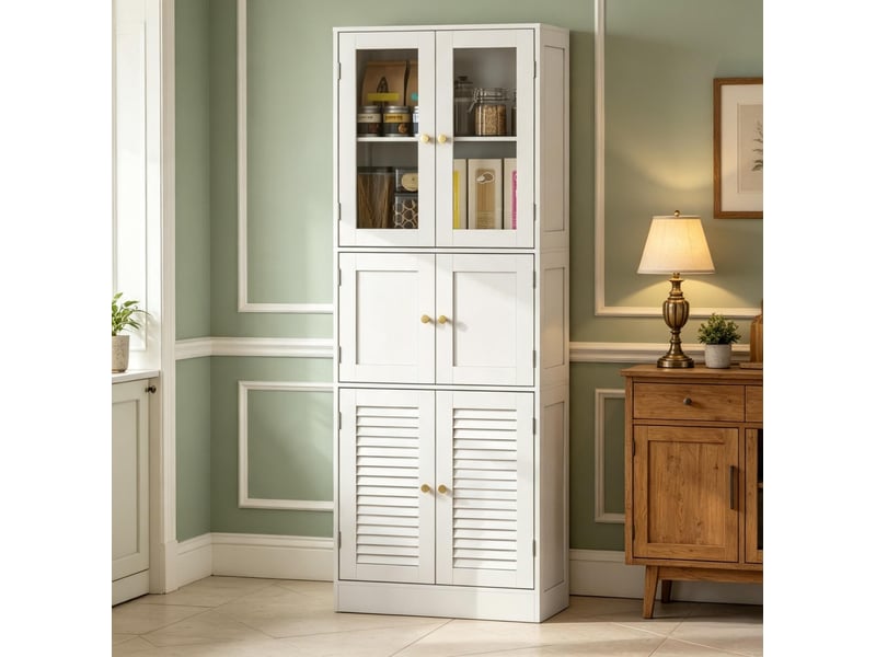 Meuble de salle de bains haut blanc en mdf et verre, 6 portes et rangements réglables pour votre quotidien - Conforama E
