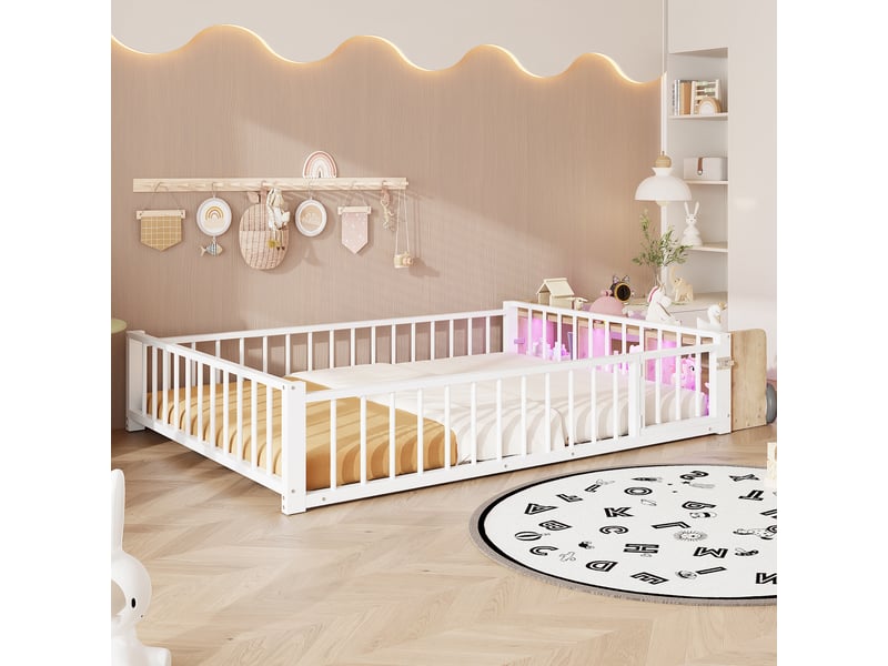  Lit plat en métal 140 x 200 cm, blanc, sans matelas, led, rangement ouvert et garde-corps  - Conforama E