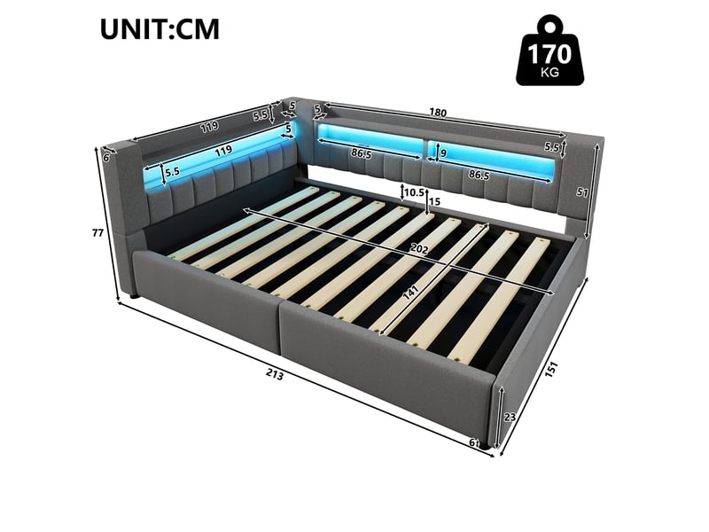  Lit coffre hydraulique 140x200 cm avec led et usb-c, tissu lin gris, structure mdf, sans matelas  - Conforama C