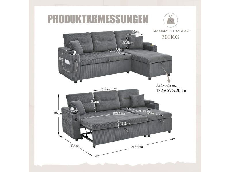  Canapé rangement intégré porte-gobelets usb-c intégré chaise longue hydraulique tiroirs de rangement design stylé confort flexibilité  - Conforama C