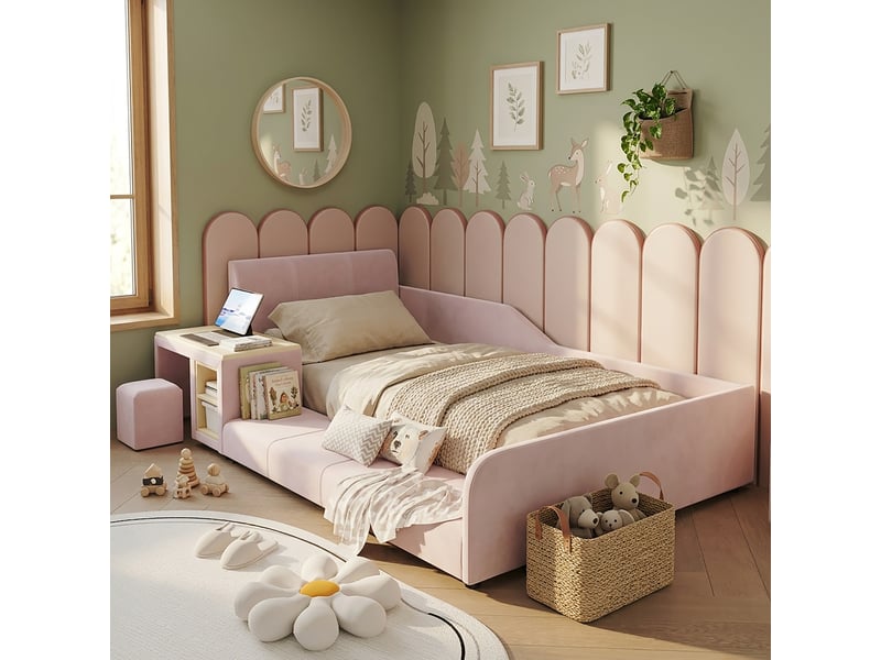  Lit simple 90x200 cm, lit enfant, sommier à lattes, bureau, étagères, tête de lit rembourrée, velours rose  - Conforama R