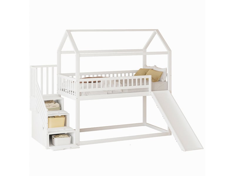  Modenvie lit mezzanine enfant 90x200 cm - avec toboggan, échelle de rangement - sommier inclus - blanc  - Conforama A