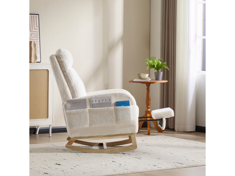  Fauteuil à bascule - 75x63x104 cm - chaise à bascule avec repose-pieds ergonomique en tissu teddy - blanc  - Conforama D