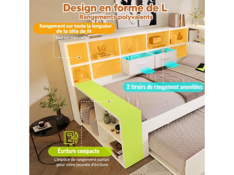  Lit gigogne 140x190 avec lit d'appoint 90x190, 8 niches, usb et type-c, blanc  - Conforama E