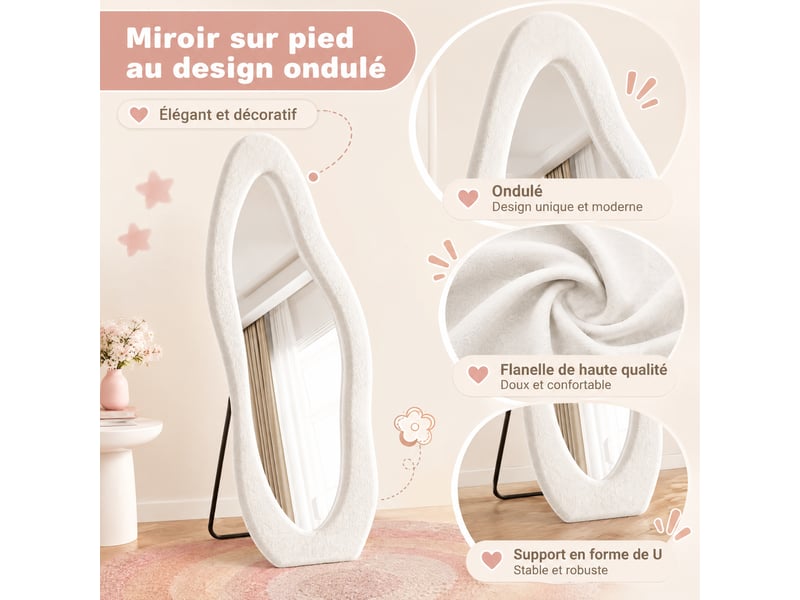  Miroir corps entier 160x50 cm, miroir sur pied ondulé asymétrique, avec pied u, pour chambre et dressing, cadre velours doux style scandinave, blanc  - Conforama D