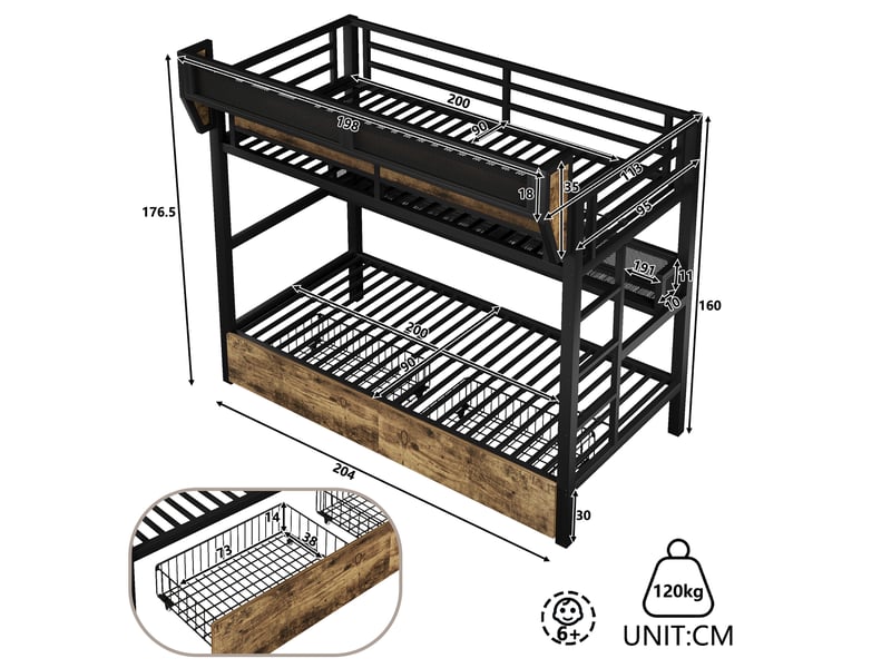  Lit superposé - 90x200 cm - tiroirs de rangement - rangements intégrés - éclairage led - structure métal - matelas non inclus - noir CozyNest - Conforama D
