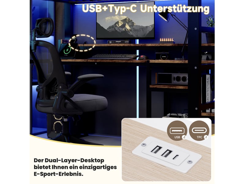  Lit mezzanine 140x200 cm avec bureau, rangements, led et usb, noir  - Conforama D