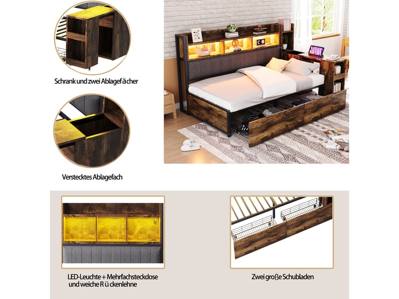  Lit sofa en métal et bois 90 x 200 cm bois naturel avec bureau escamotable, prises, led et tiroirs inclus  - Conforama D