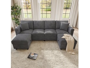 Canapé modulable 261x134x82 cm avec 2 poufs de rangement en chenille gris