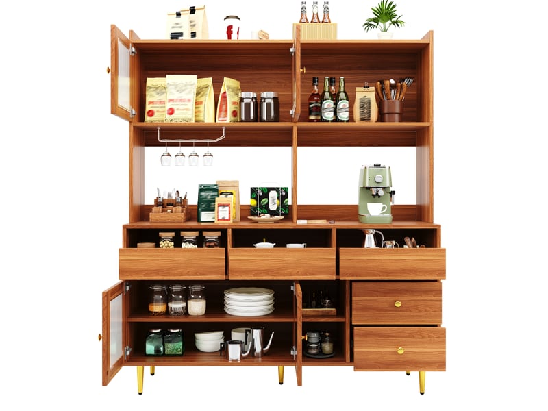  Buffet haut 145 x 39 x 171 cm – marron noyer – portes en verre strié, range-verres et 5 tiroirs intégrés  - Conforama A