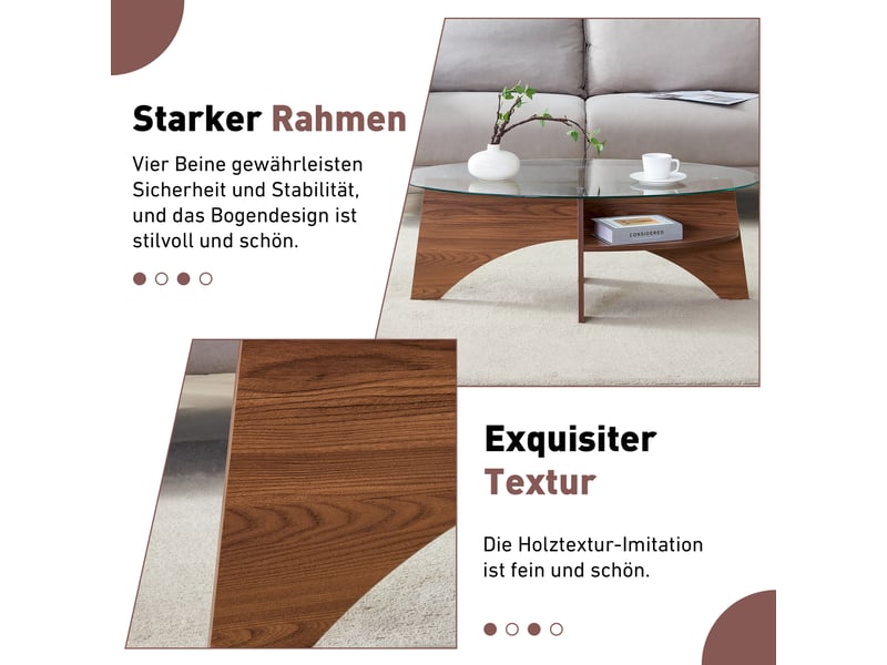  Table basse ovale avec plateau en verre sécurit et étagère de rangement - lpospi - structure à compartiments, mdf et verre transparent noyer  - Conforama E