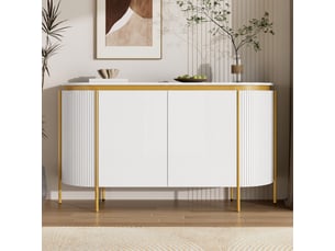 Buffet en mdf à 4 portes, pieds métal, extrémités arrondies et passe-câbles