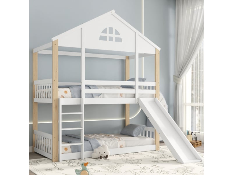  Lit superposé 90x200 cm, lit cabane enfant avec toboggan, barrières et protection antichute, en bois, blanc, sans matelas  - Conforama B
