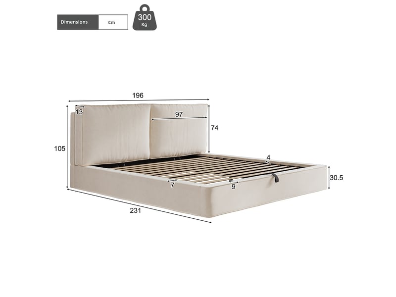  Lit coffre 180x200 cm beige velours avec sommier et tête de lit capitonnée et coffre hydraulique  - Conforama C