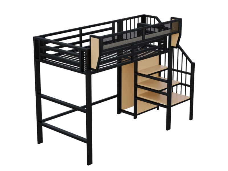  Lit mezzanine 90x200 cm, lit enfant avec échelle de sécurité et rangement flexible, en métal, noir, sans matelas  - Conforama E