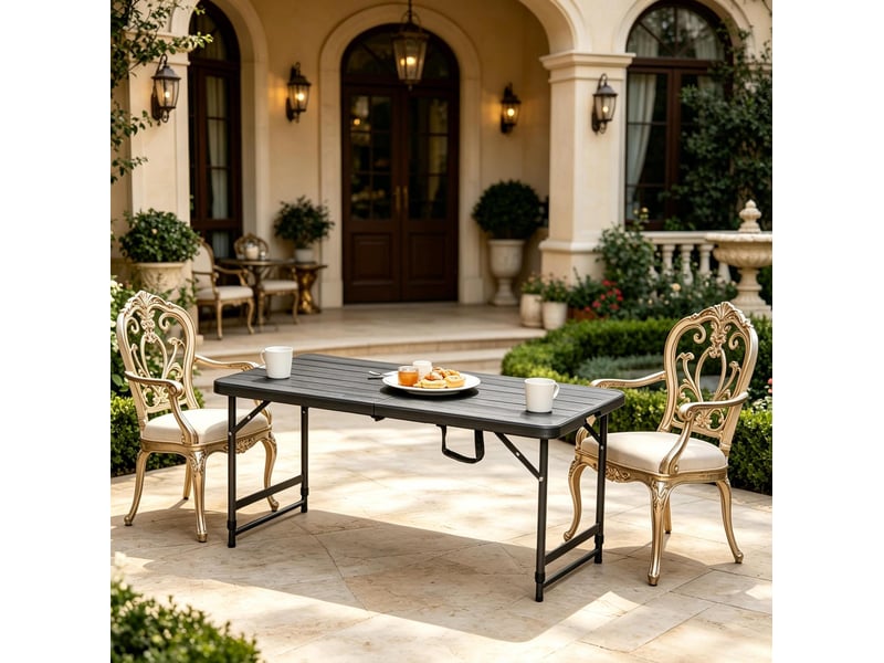 Table de jardin pliable 118x60 cm noire hdpe et acier, hauteur réglable 56 ou 74 cm pour 4 personnes  - Conforama D