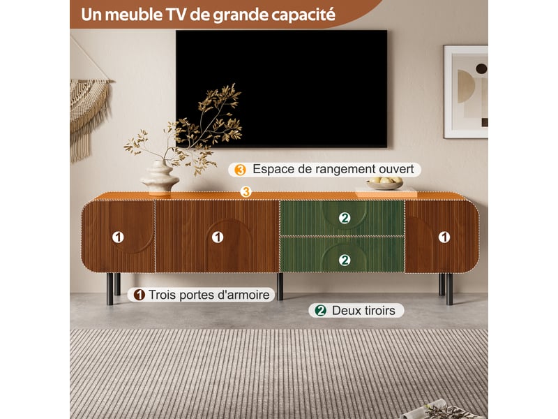  Meuble tv noyer 180 cm style mid-century 3 portes 2 tiroirs  - Conforama D