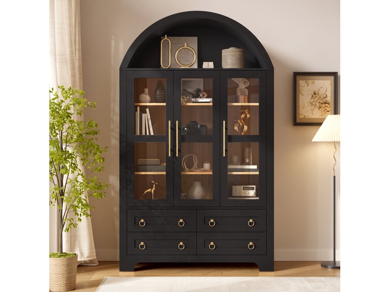 Buffet haut 110x40x185 cm avec 3 portes vitrées et 4 tiroirs noir - Conforama B