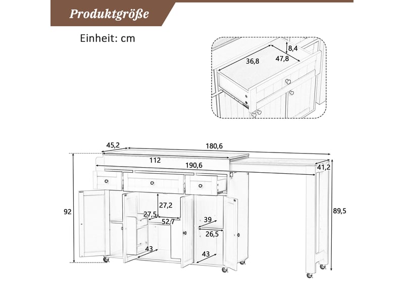  Ilot de cuisine 4 portes 3 tiroirs coloris gris mdf  - Conforama C