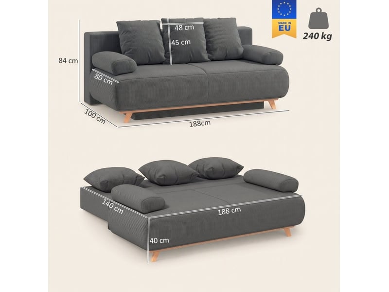  Canapé droit convertible 3 places en velours côtelé gris, dossier réglable, rangement et couchage 188x140 cm  - Conforama C