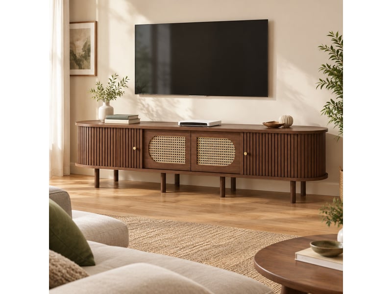  Meuble tv 180 x 40 x 40 cm noyer foncé, mdf, style rotin, 2 portes et 2 portes à rideau  - Conforama B