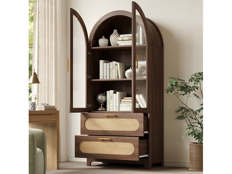 Vitrine 2 portes vitrées, 2 tiroirs, 3 étagères réglables, style rétro, en mdf décor bois, 80 × 40 × 175 cm - Conforama B