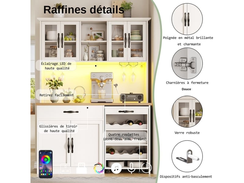 Servers, sideboards & buffets - armoire de cuisine de 140cm avec chariot roulant, armoire haute avec éclairage led, armoir - mdf - blanc - 140 x 38 x 180 cm - usage domestique - installation simple N620GG260304W - Conforama D