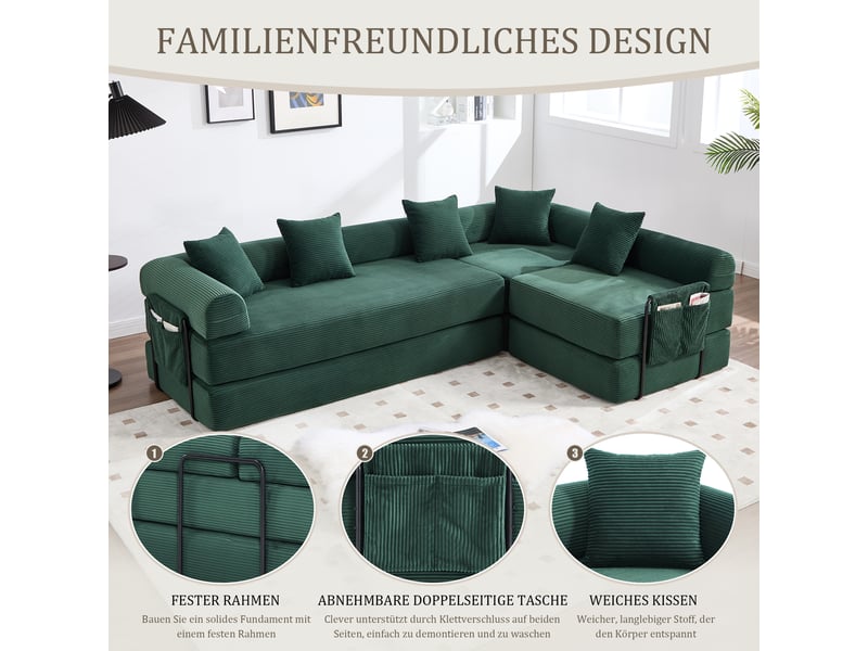  Canapé modulaire en velours côtelé vert émeraude 270x180x64 cm avec rangement latéral intégré  - Conforama W
