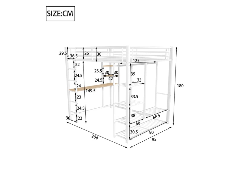  Lit enfant 90x200cm, lit mezzanine avec bureau, étagères, escalier, espace de rangement et sommier, mdf+métal, blanc, sans matelas  - Conforama D