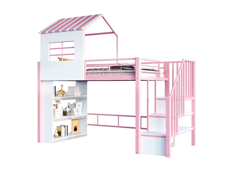  Lit surélevé enfant 90×200 cm rose, forme maison, barrière haute, échelle réversible et étagères  - Conforama A