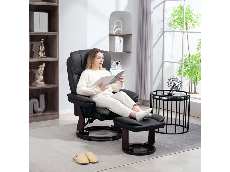  Fauteuil inclinable avec repose-pieds, fauteuil réglable, revêtement en similicuir, fauteuil rembourré avec dossier rabattable, noir  - Conforama C