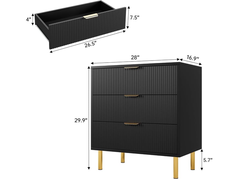  Commode 3 tiroirs cannelée moderne, meuble de rangement finition grain de bois, poignées dorées, pieds métal, 71 x 43 x 76 cm，noire PHO_0ZGJI366 - Conforama B