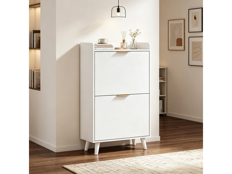  Meuble à chaussures modèle slim, 12 paires, 2 portes basculantes, étagères réglables, entrée couloir  - Conforama D