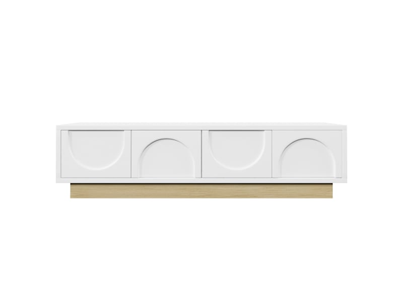  Meuble tv blanc moderne 175 cm – grain de bois, design curviligne, rangement et gestion des câbles  - Conforama A