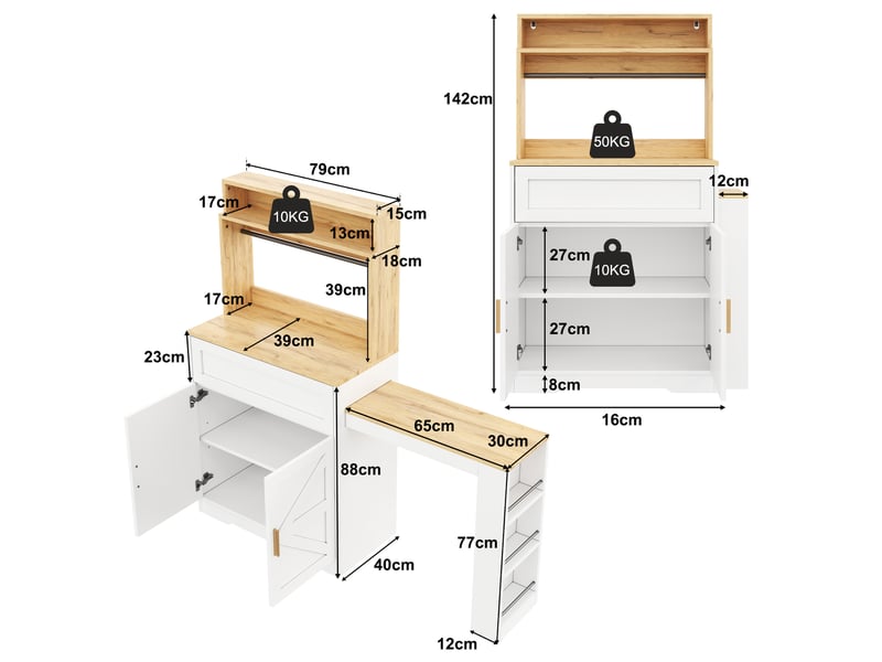  Buffet haut de cuisine 146x40x142 cm avec plan de travail extensible, étagère latérale 3 niveaux, étagères réglables, portes style grange, mdf blanc  - Conforama D