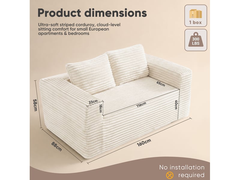  Canapé de sol tcqpz 2 places 160 x 88 x 58 cm sans montage en velours côtelé beige  - Conforama C