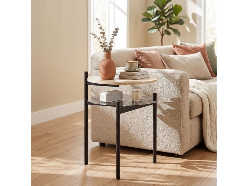  Table d’appoint ronde 41,8 x 39,8 x 53,5 cm en bois et verre avec étagère ouverte chêne chicfurn  - Conforama B