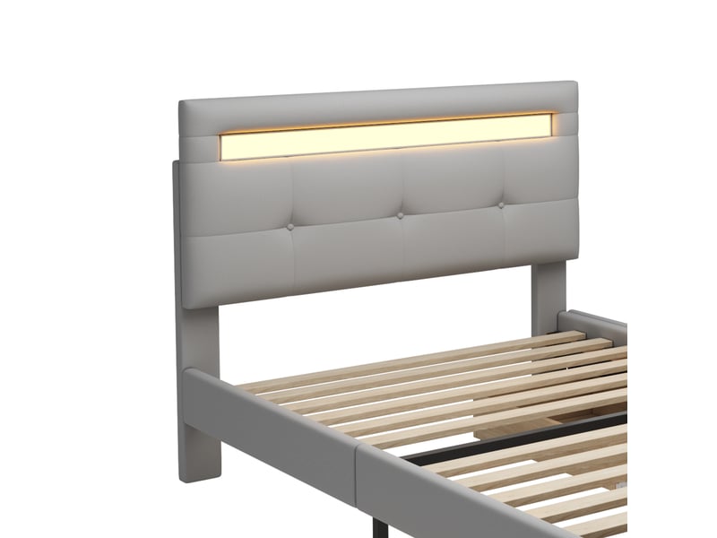  Lit jeune 90x200 cm avec led et 2 tiroirs, lin et bois, gris, sans matelas  - Conforama E