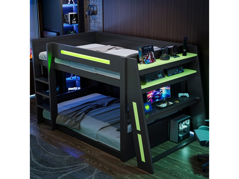  Lit superposé gaming en bois 140x200 cm avec bureau et deux compartiments de rangement et port usb et éclairage led noir et vert BUBBLY - Conforama B
