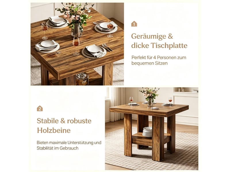  Table de salle à manger carrée 2 places 80 x 80 cm, structure en bois, plateau mdf marron, style industriel  - Conforama E