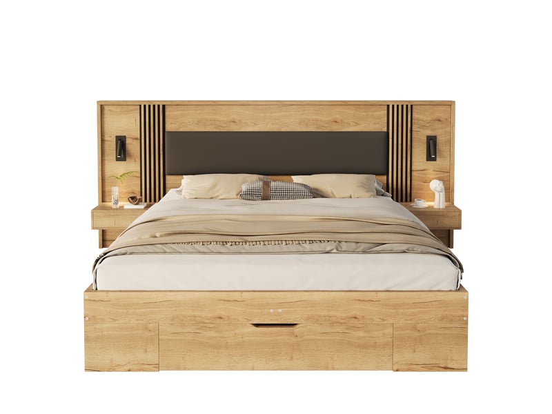  Lit adulte 180x200 cm, lit double en bois avec rangement, 2 chevets, tiroir et liseuses, naturel, sans matelas  - Conforama A